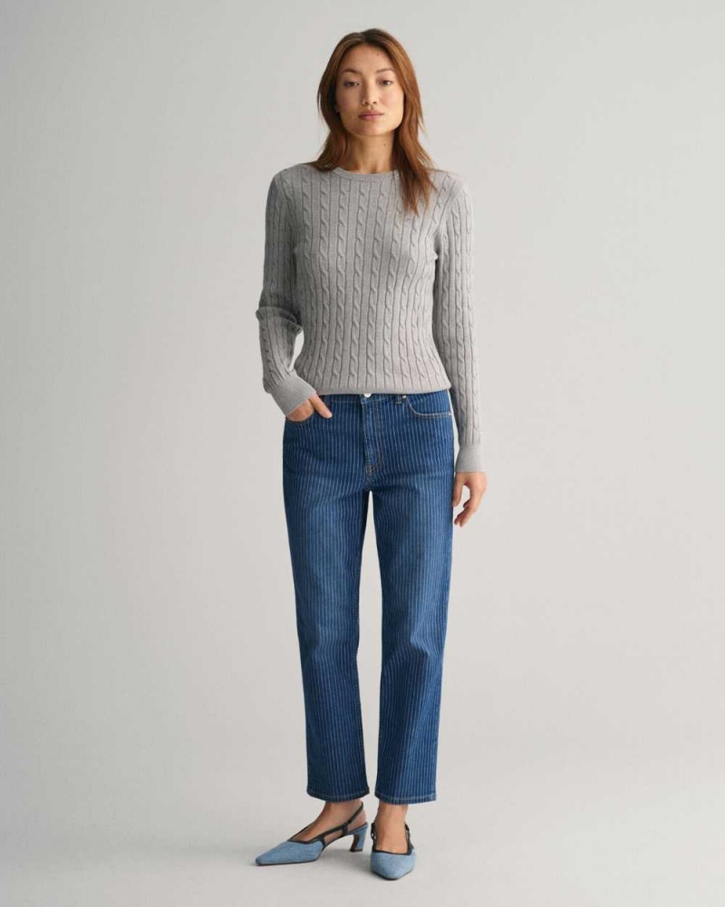 Gant Stretch Cotton Cable Knit Crew Neck Women's Sweater Mid Grey | PVLNI-1746