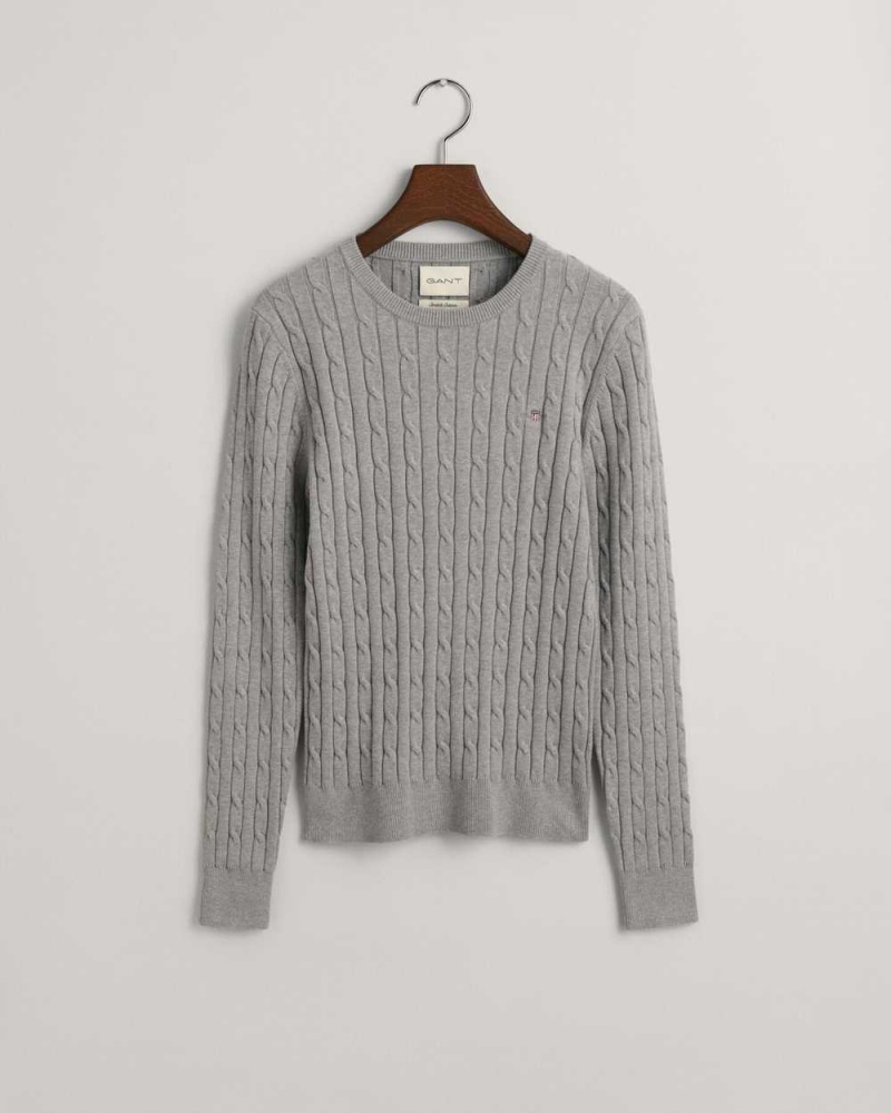 Gant Stretch Cotton Cable Knit Crew Neck Women's Sweater Mid Grey | PVLNI-1746