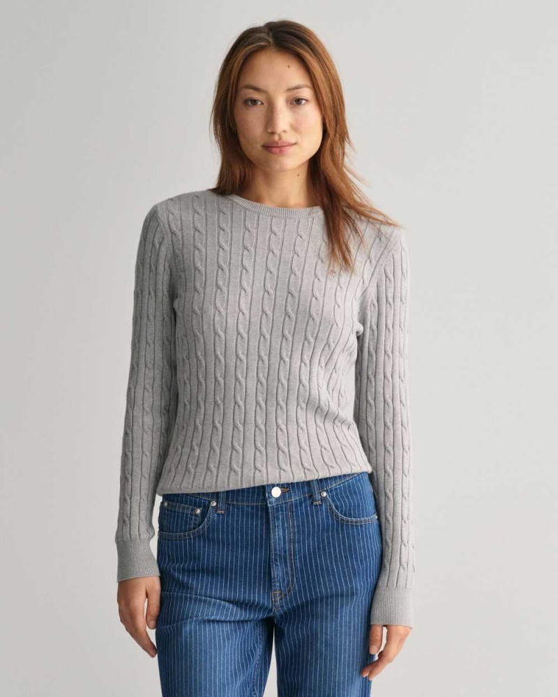 Gant Stretch Cotton Cable Knit Crew Neck Women\'s Sweater Mid Grey | PVLNI-1746