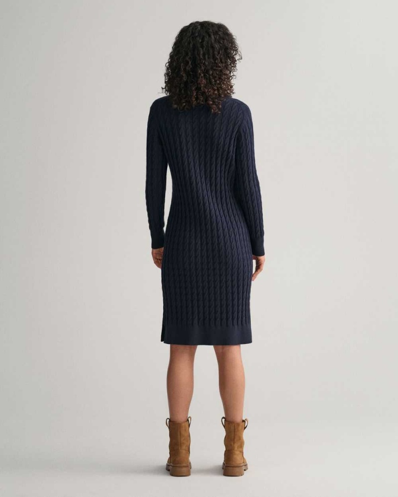 Gant Stretch Cotton Cable Knit Crew Neck Women's Dress Evening Blue | CZGHL-4795