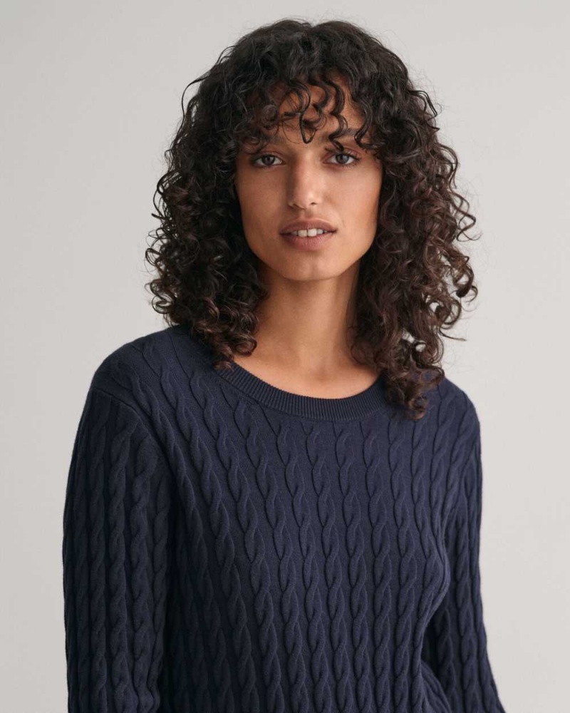 Gant Stretch Cotton Cable Knit Crew Neck Women's Dress Evening Blue | CZGHL-4795