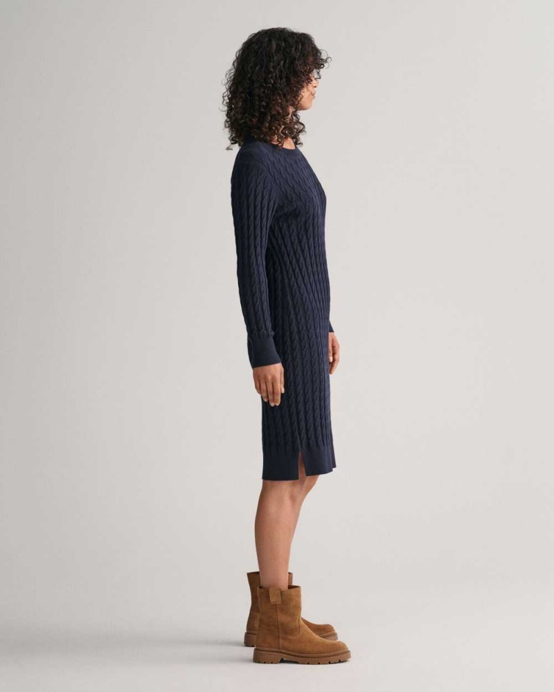 Gant Stretch Cotton Cable Knit Crew Neck Women's Dress Evening Blue | CZGHL-4795