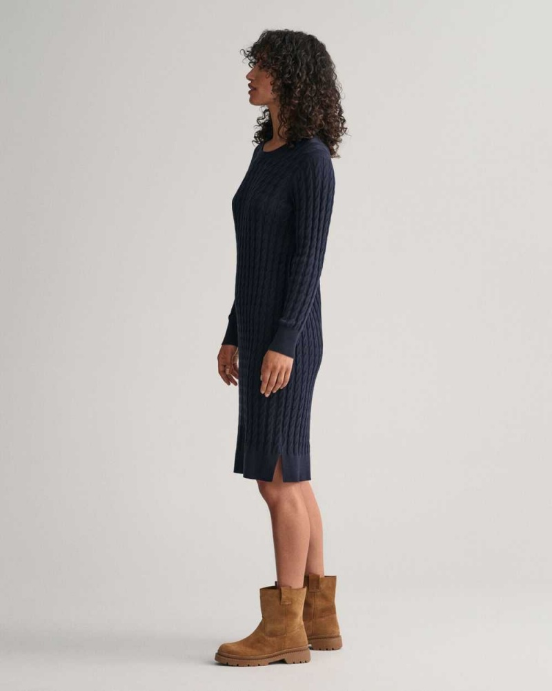 Gant Stretch Cotton Cable Knit Crew Neck Women's Dress Evening Blue | CZGHL-4795