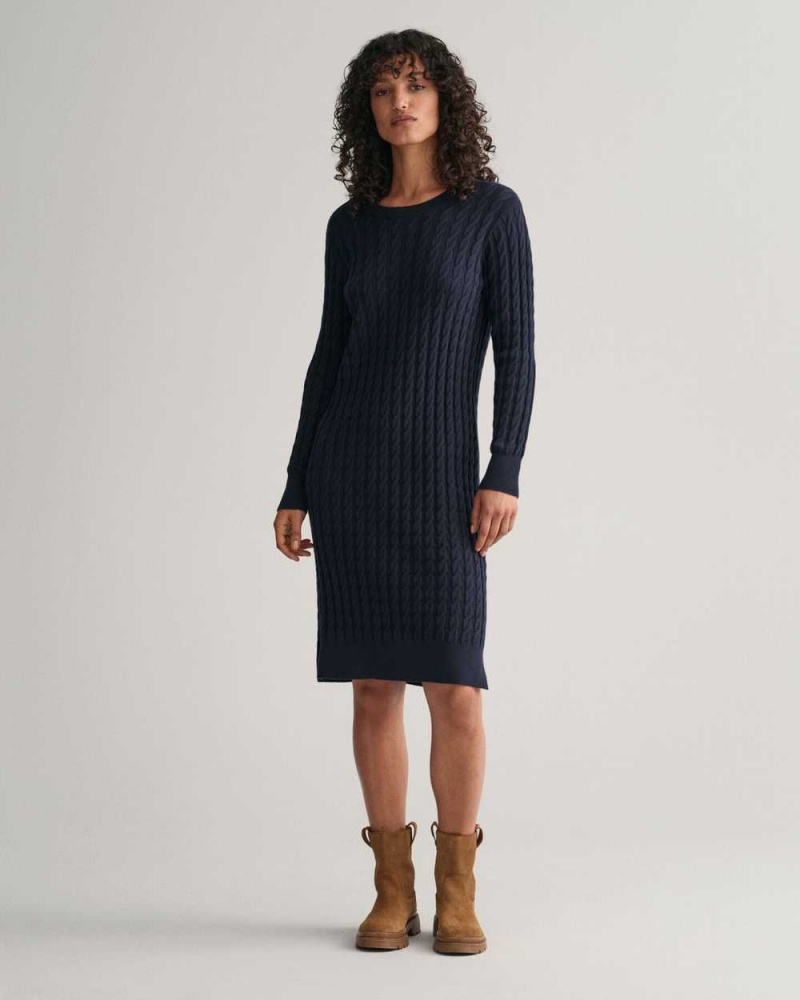 Gant Stretch Cotton Cable Knit Crew Neck Women's Dress Evening Blue | CZGHL-4795