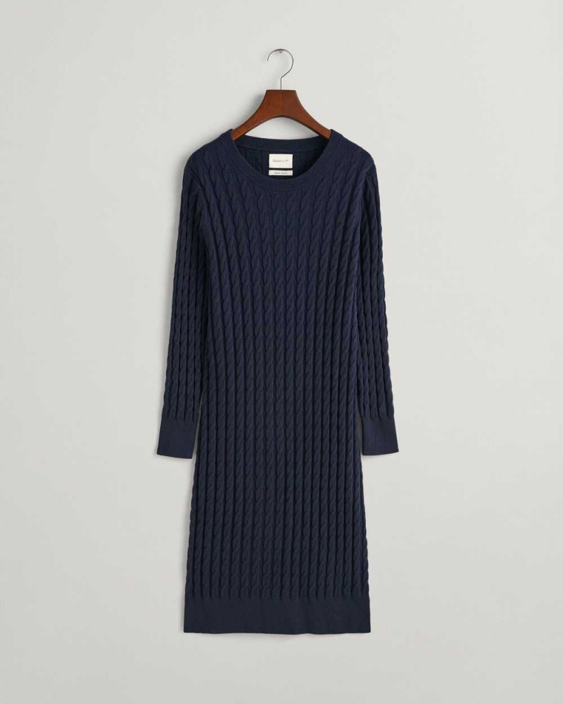 Gant Stretch Cotton Cable Knit Crew Neck Women's Dress Evening Blue | CZGHL-4795