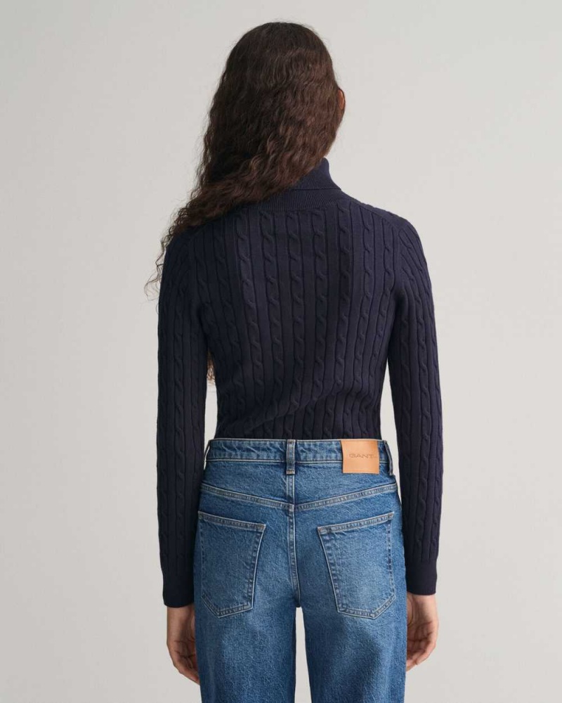 Gant Stretch Cotton Cable Knit Turtleneck Women's Sweater Evening Blue | NDFXB-8501