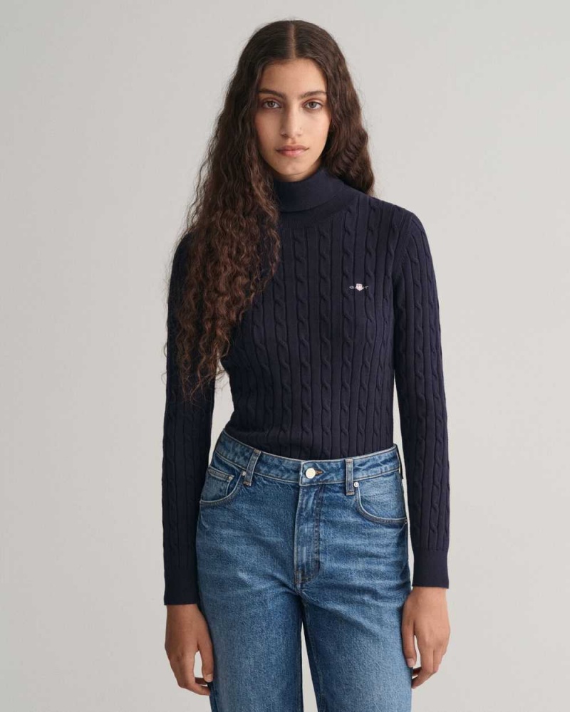 Gant Stretch Cotton Cable Knit Turtleneck Women\'s Sweater Evening Blue | NDFXB-8501