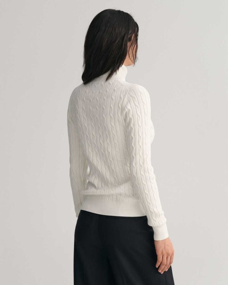 Gant Stretch Cotton Cable Knit Turtleneck Women's Sweater Beige White | QVDZE-6043