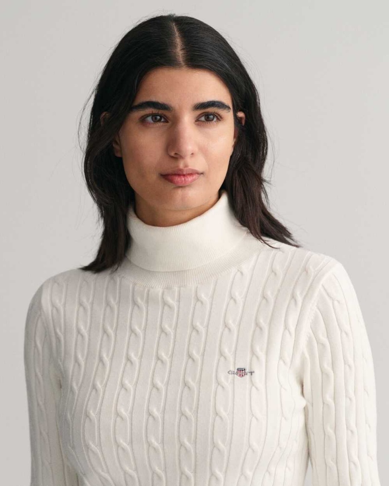 Gant Stretch Cotton Cable Knit Turtleneck Women's Sweater Beige White | QVDZE-6043