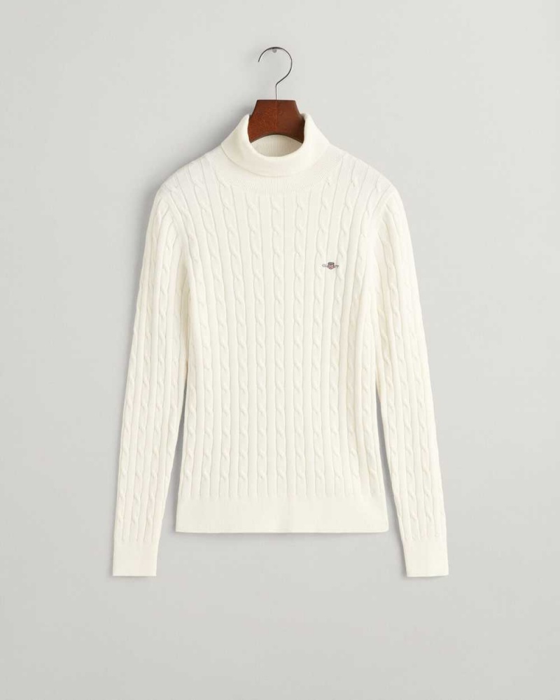 Gant Stretch Cotton Cable Knit Turtleneck Women's Sweater Beige White | QVDZE-6043