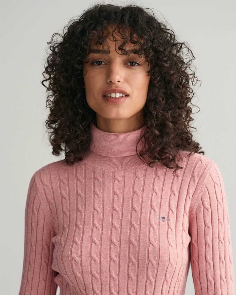 Gant Stretch Cotton Cable Knit Turtleneck Women's Sweater Pink Blush | UYBCN-7109