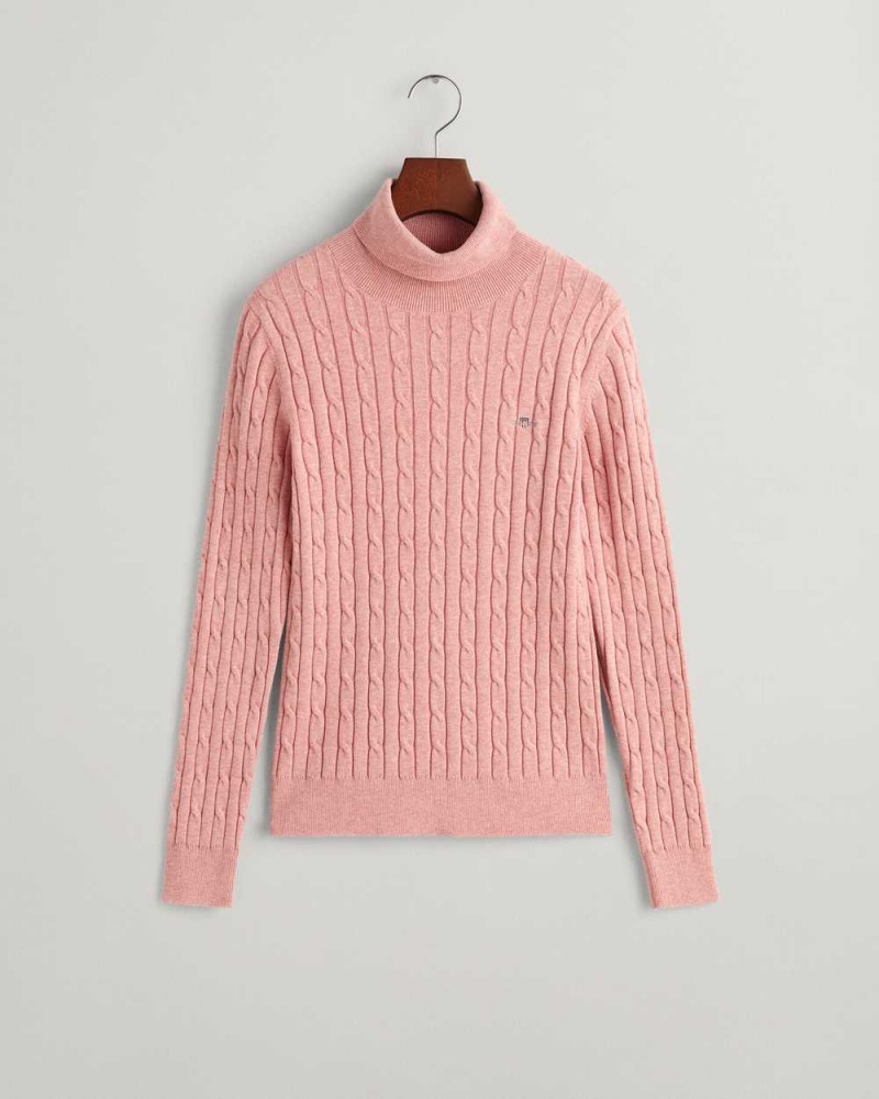 Gant Stretch Cotton Cable Knit Turtleneck Women's Sweater Pink Blush | UYBCN-7109