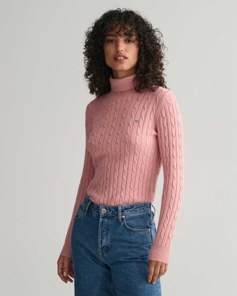 Gant Stretch Cotton Cable Knit Turtleneck Women\'s Sweater Pink Blush | UYBCN-7109