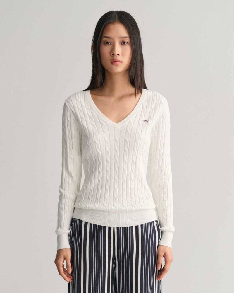 Gant Stretch Cotton Cable Knit V-Neck Women\'s Sweater Beige White | CPLOK-1965