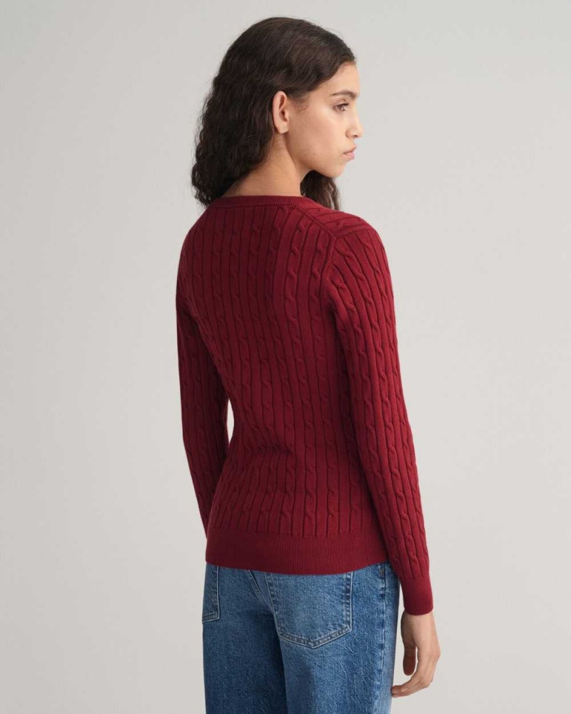 Gant Stretch Cotton Cable Knit V-Neck Women's Sweater Plumped Red | VMUPZ-4756