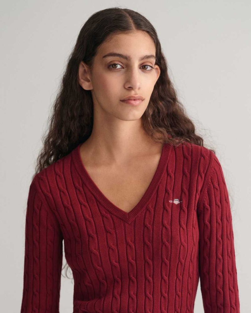 Gant Stretch Cotton Cable Knit V-Neck Women's Sweater Plumped Red | VMUPZ-4756