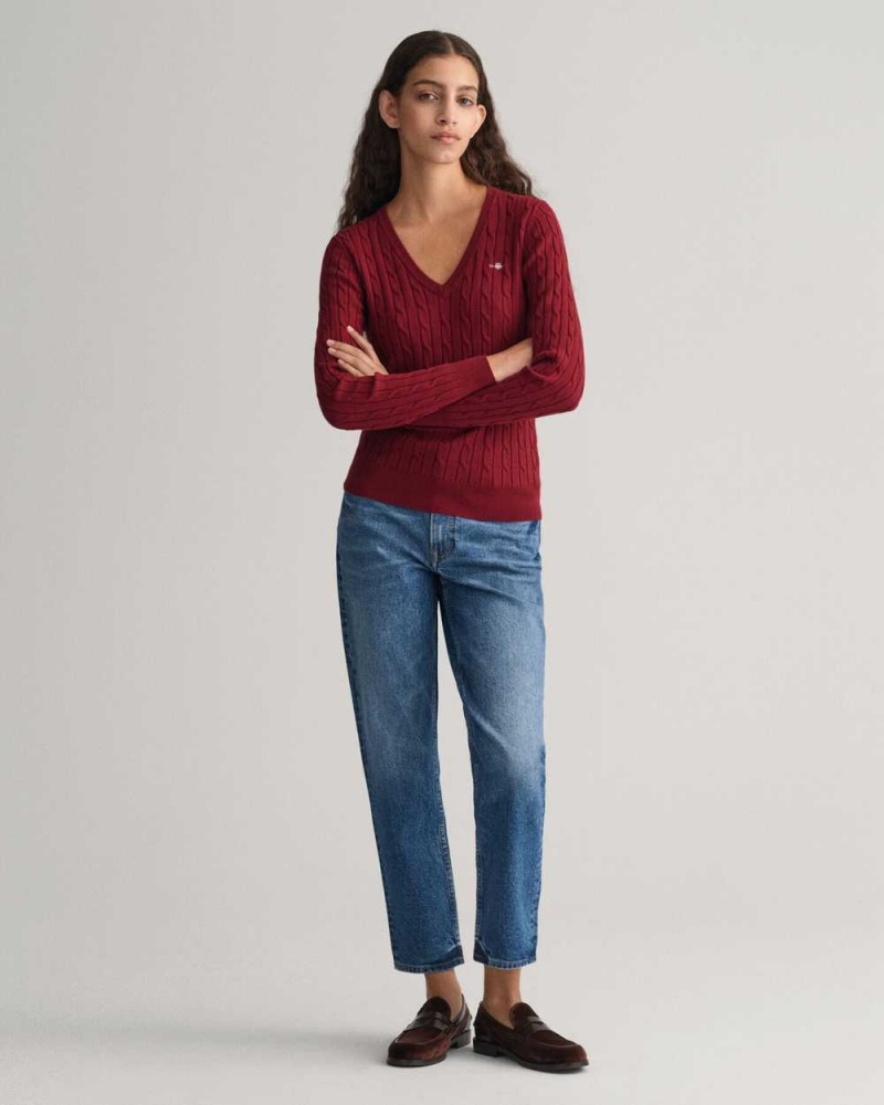 Gant Stretch Cotton Cable Knit V-Neck Women's Sweater Plumped Red | VMUPZ-4756