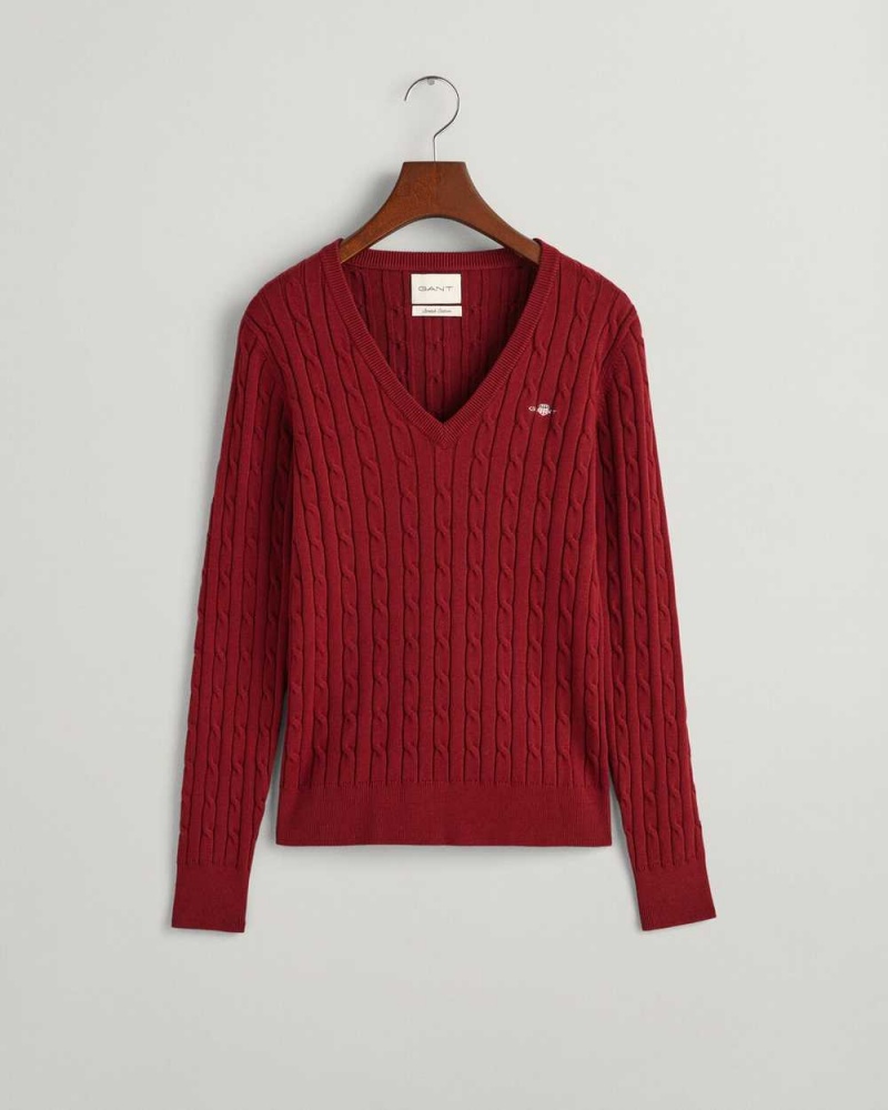 Gant Stretch Cotton Cable Knit V-Neck Women's Sweater Plumped Red | VMUPZ-4756