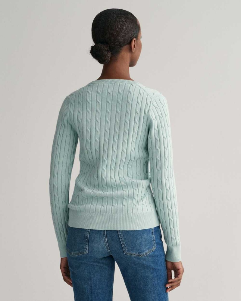 Gant Stretch Cotton Cable Knit V-Neck Women's Sweater Dusty Turquoise | POYGN-6154