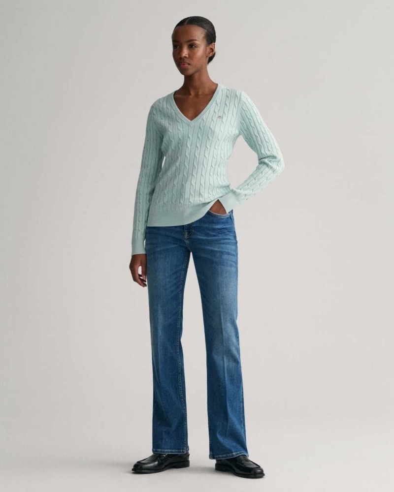 Gant Stretch Cotton Cable Knit V-Neck Women's Sweater Dusty Turquoise | POYGN-6154