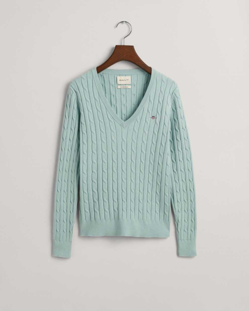 Gant Stretch Cotton Cable Knit V-Neck Women's Sweater Dusty Turquoise | POYGN-6154