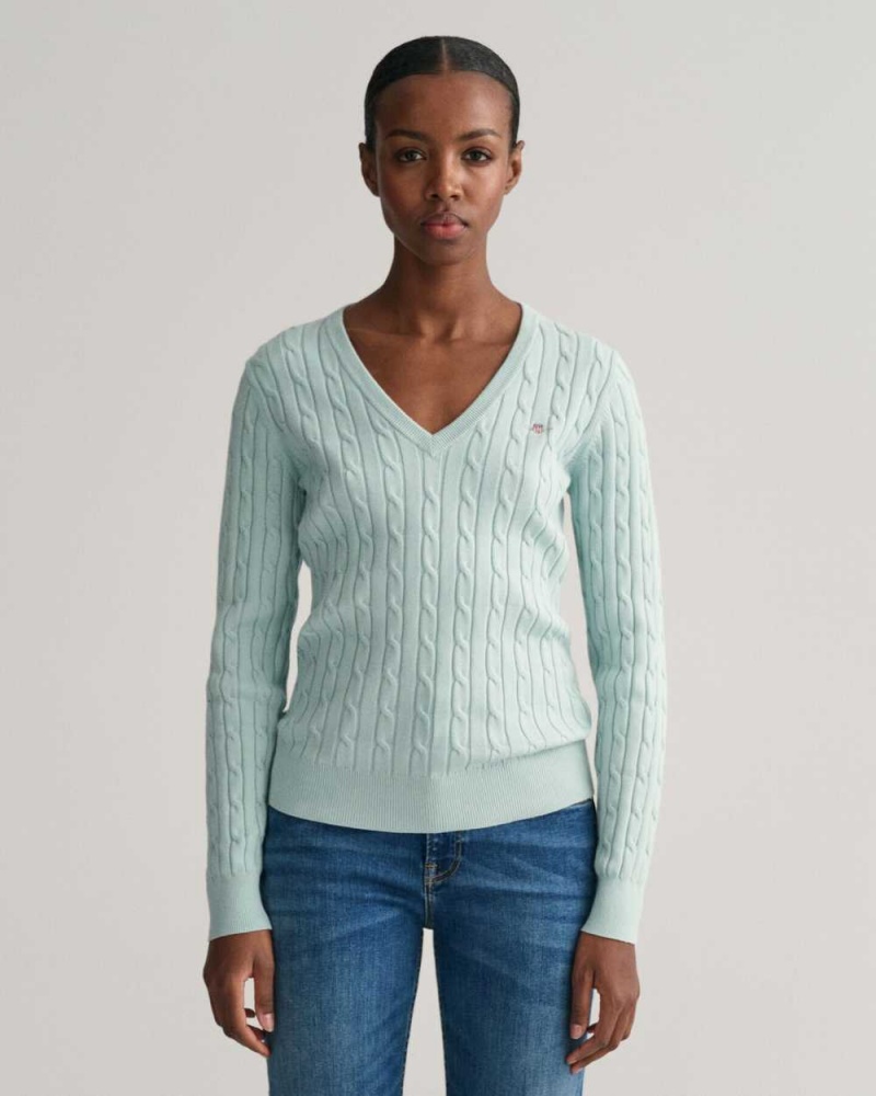 Gant Stretch Cotton Cable Knit V-Neck Women\'s Sweater Dusty Turquoise | POYGN-6154