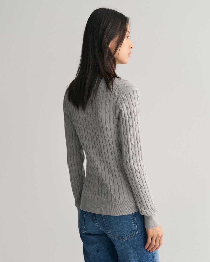 Gant Stretch Cotton Cable Knit V-Neck Women's Sweater Mid Grey | RQXDZ-0295