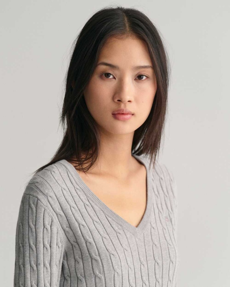 Gant Stretch Cotton Cable Knit V-Neck Women's Sweater Mid Grey | RQXDZ-0295