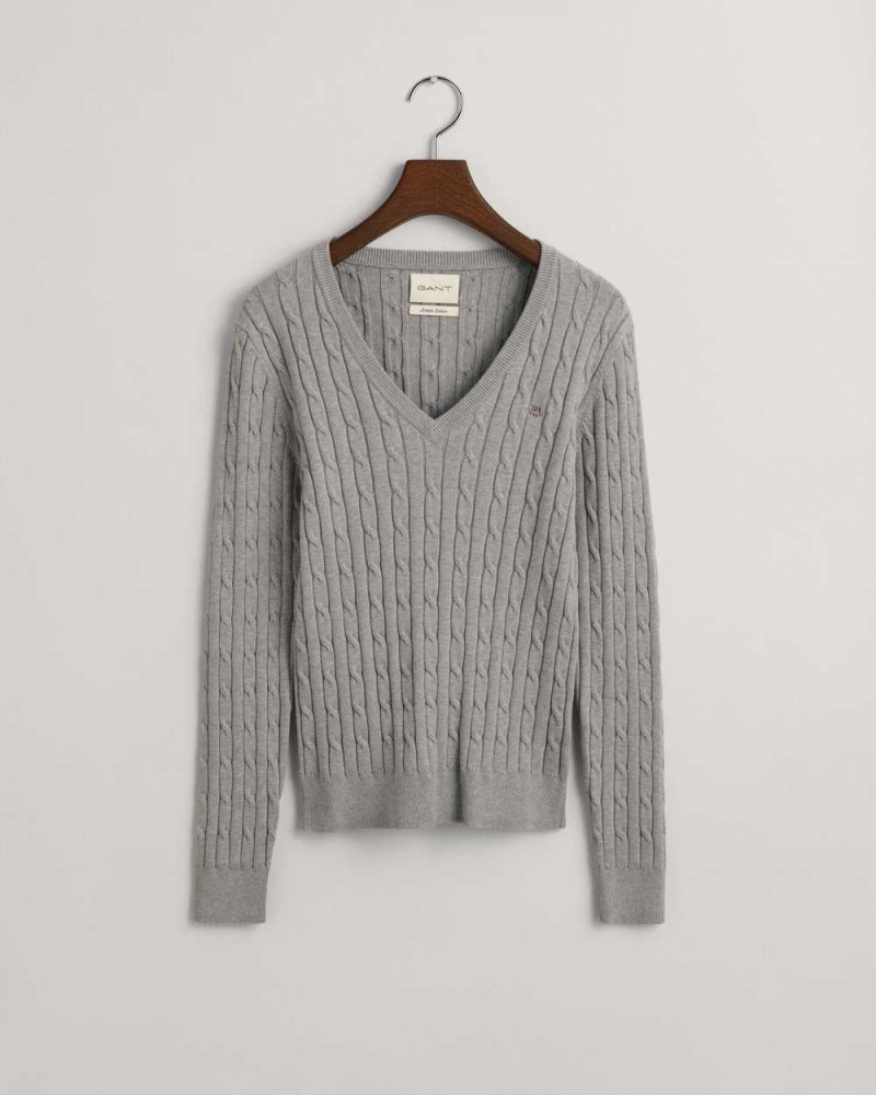 Gant Stretch Cotton Cable Knit V-Neck Women's Sweater Mid Grey | RQXDZ-0295