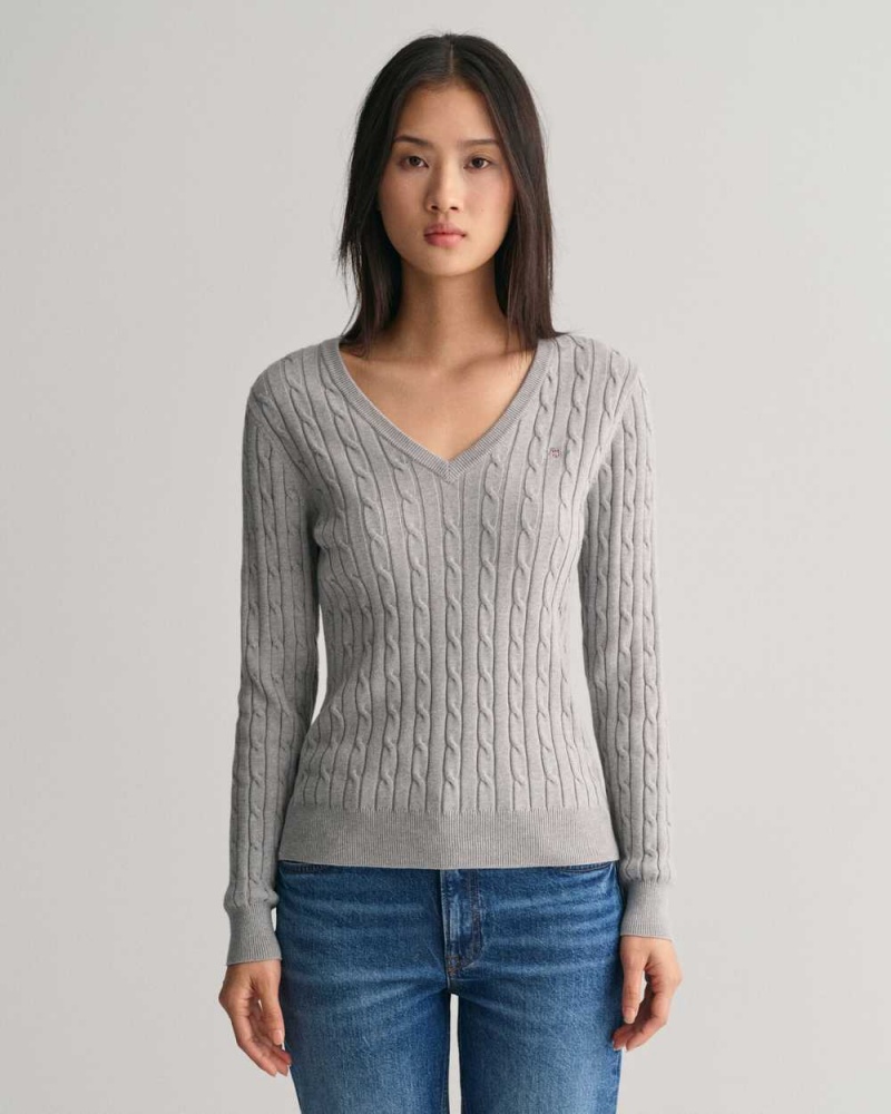 Gant Stretch Cotton Cable Knit V-Neck Women\'s Sweater Mid Grey | RQXDZ-0295