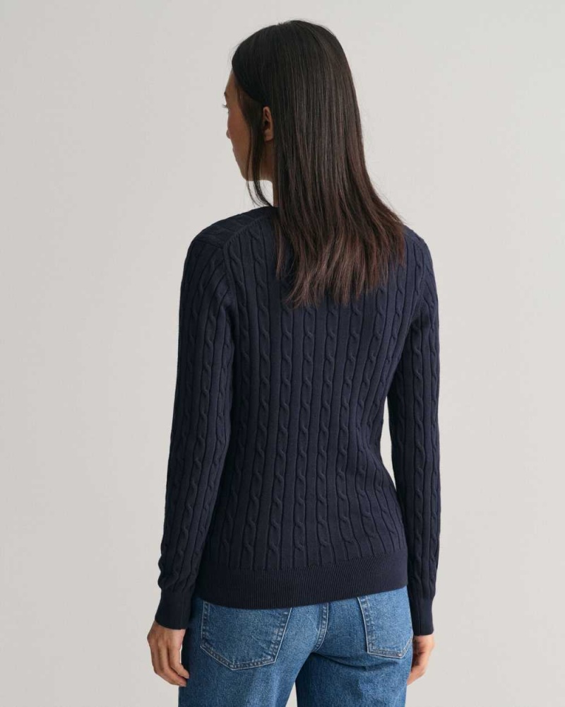 Gant Stretch Cotton Cable Knit V-Neck Women's Sweater Evening Blue | KJAZD-6482