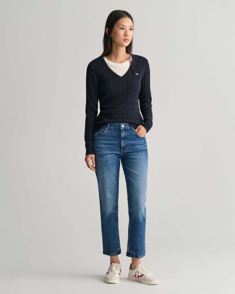 Gant Stretch Cotton Cable Knit V-Neck Women's Sweater Evening Blue | KJAZD-6482