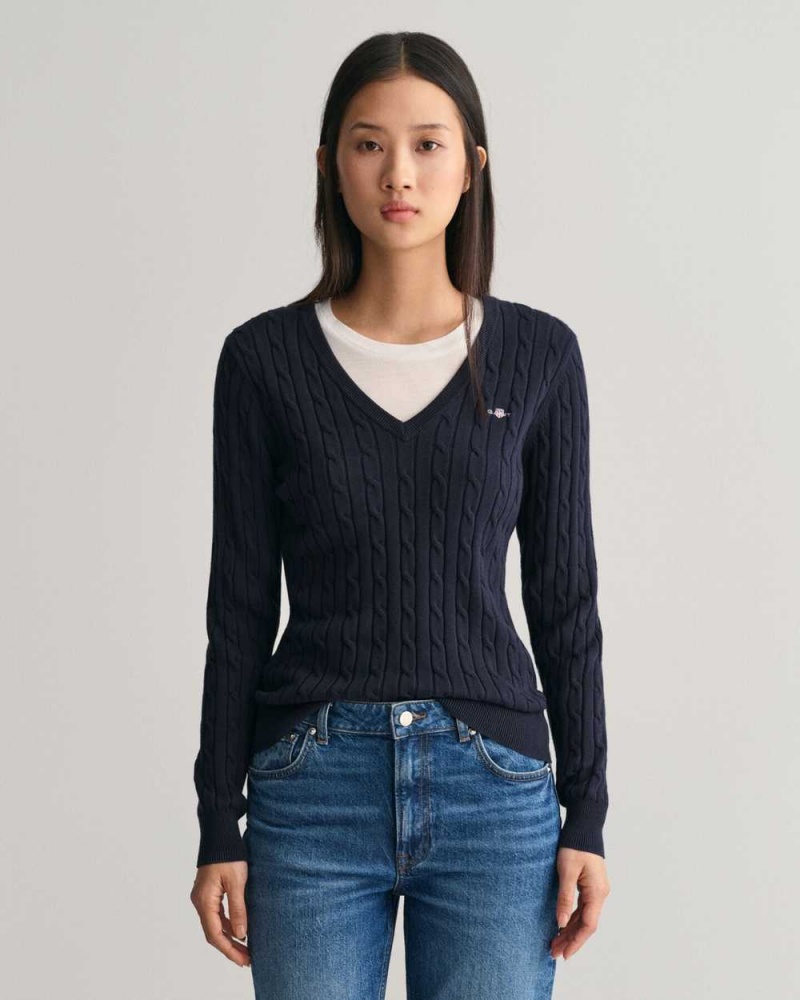 Gant Stretch Cotton Cable Knit V-Neck Women\'s Sweater Evening Blue | KJAZD-6482