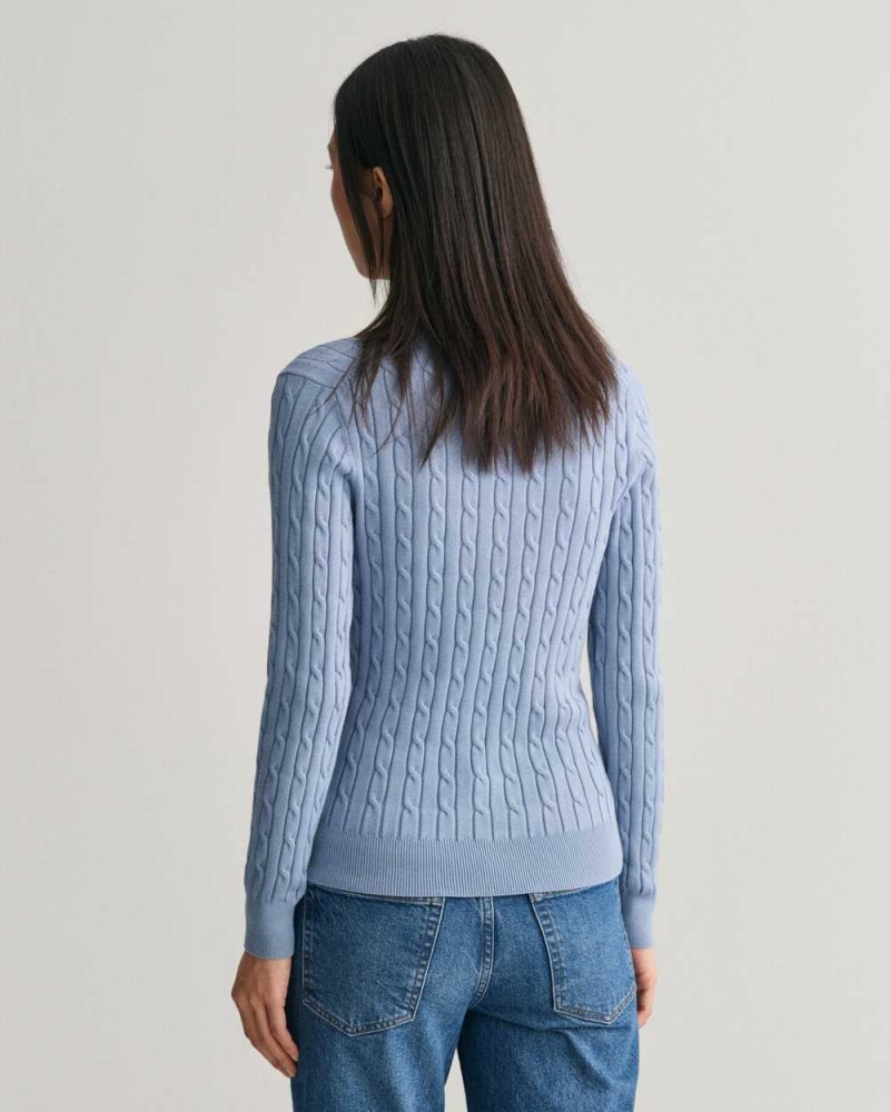 Gant Stretch Cotton Cable Knit V-Neck Women's Sweater Crystal Blue | JOVXY-9145