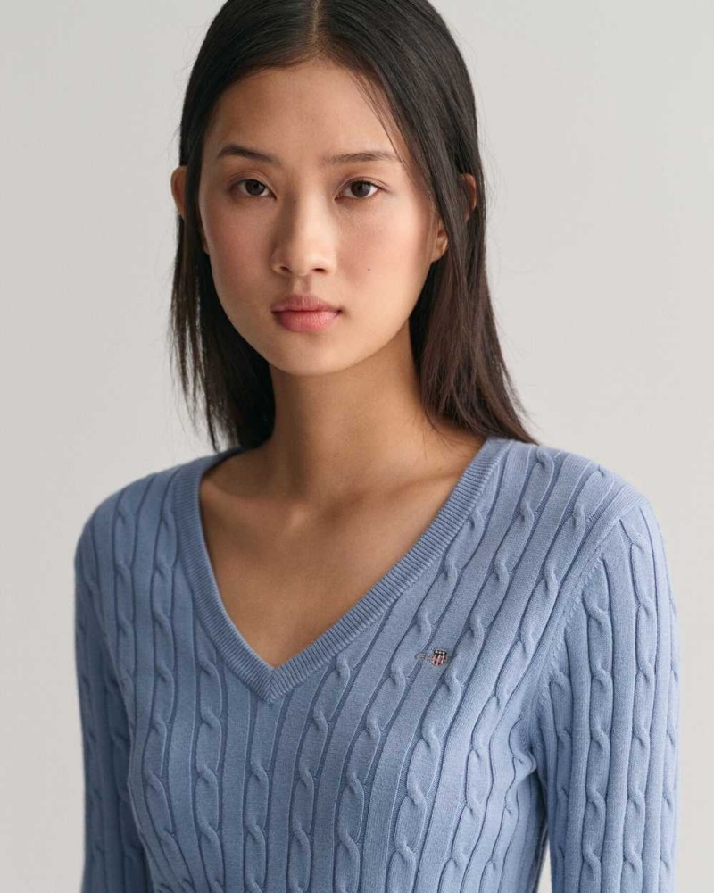 Gant Stretch Cotton Cable Knit V-Neck Women's Sweater Crystal Blue | JOVXY-9145