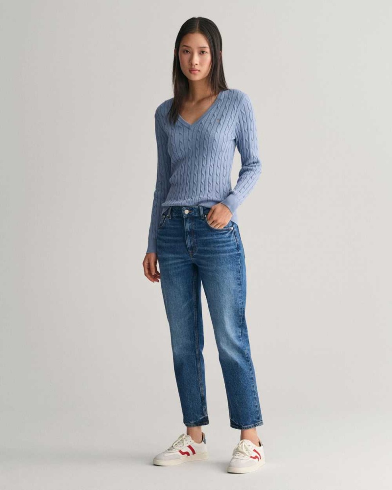 Gant Stretch Cotton Cable Knit V-Neck Women's Sweater Crystal Blue | JOVXY-9145