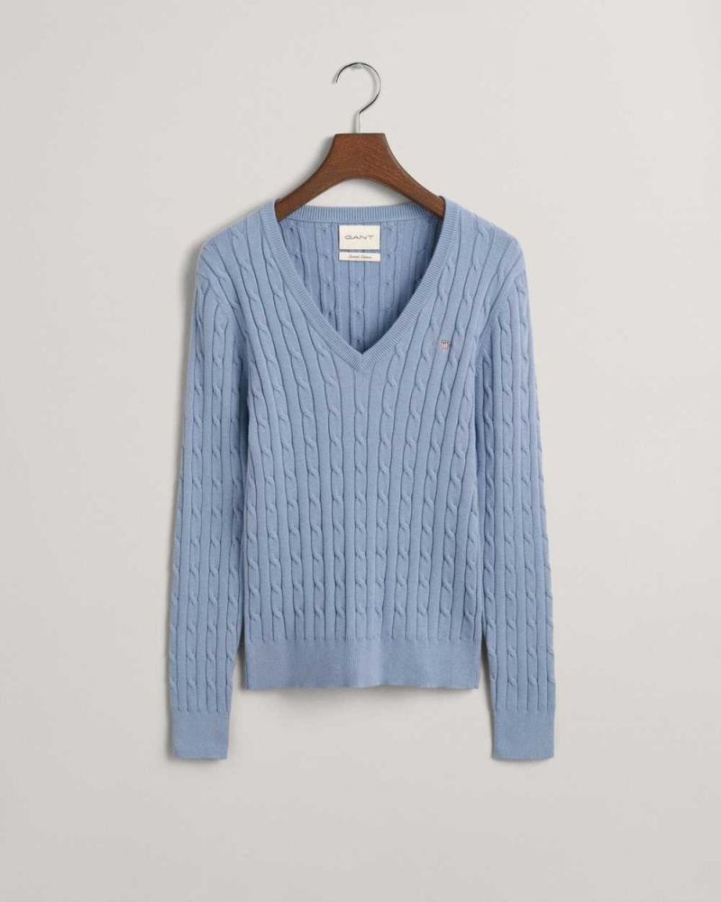 Gant Stretch Cotton Cable Knit V-Neck Women's Sweater Crystal Blue | JOVXY-9145