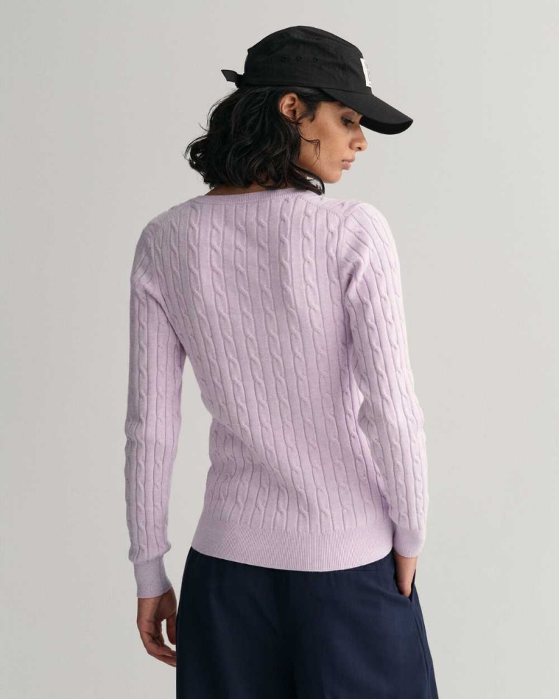 Gant Stretch Cotton Cable Knit V-Neck Women's Sweater Soothing Lilac | RHMGA-1589