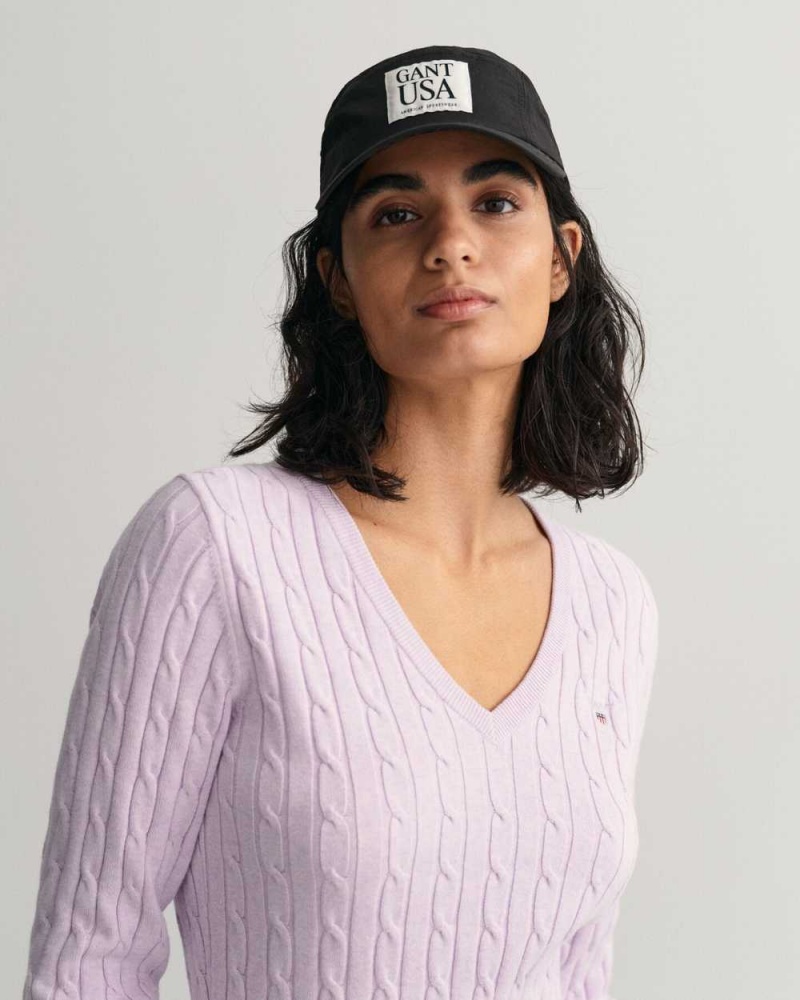 Gant Stretch Cotton Cable Knit V-Neck Women's Sweater Soothing Lilac | RHMGA-1589