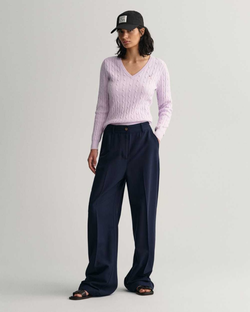 Gant Stretch Cotton Cable Knit V-Neck Women's Sweater Soothing Lilac | RHMGA-1589