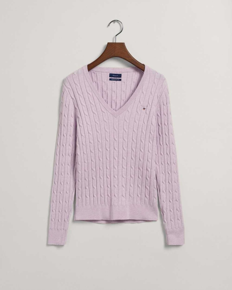 Gant Stretch Cotton Cable Knit V-Neck Women's Sweater Soothing Lilac | RHMGA-1589