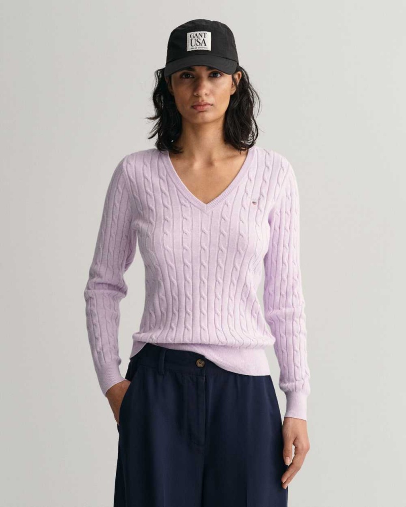 Gant Stretch Cotton Cable Knit V-Neck Women\'s Sweater Soothing Lilac | RHMGA-1589