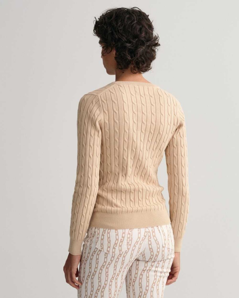 Gant Stretch Cotton Cable Knit V-Neck Women's Sweater Dry Sand | STFDJ-2481