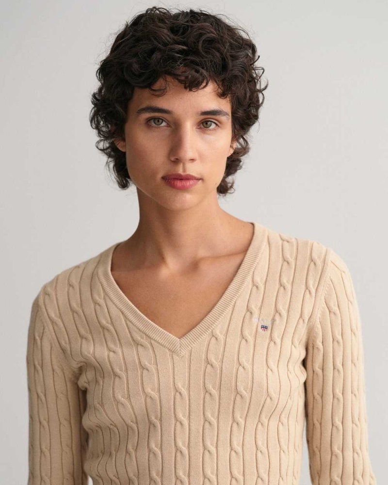 Gant Stretch Cotton Cable Knit V-Neck Women's Sweater Dry Sand | STFDJ-2481