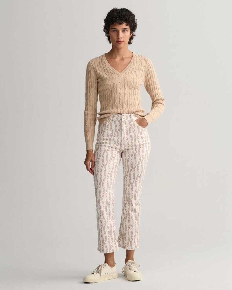 Gant Stretch Cotton Cable Knit V-Neck Women's Sweater Dry Sand | STFDJ-2481