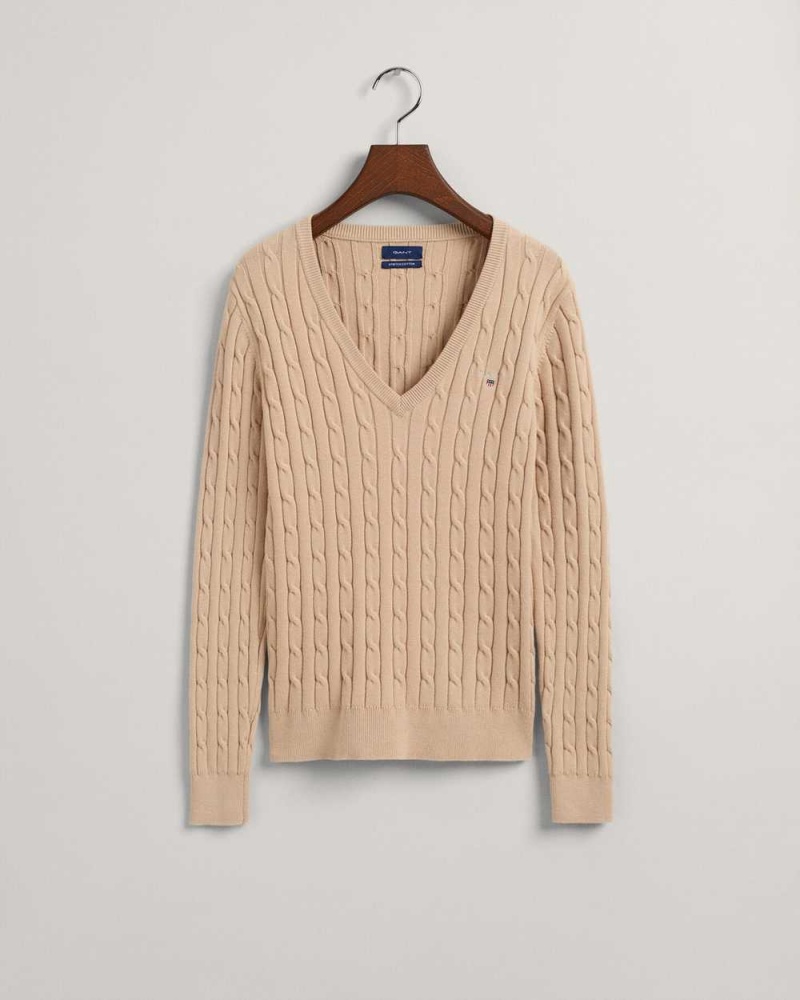 Gant Stretch Cotton Cable Knit V-Neck Women's Sweater Dry Sand | STFDJ-2481