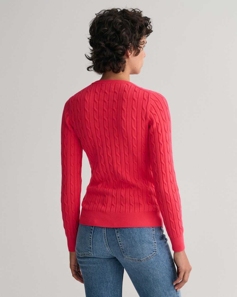 Gant Stretch Cotton Cable Knit V-Neck Women's Sweater Magenta Pink | DXCNV-8214