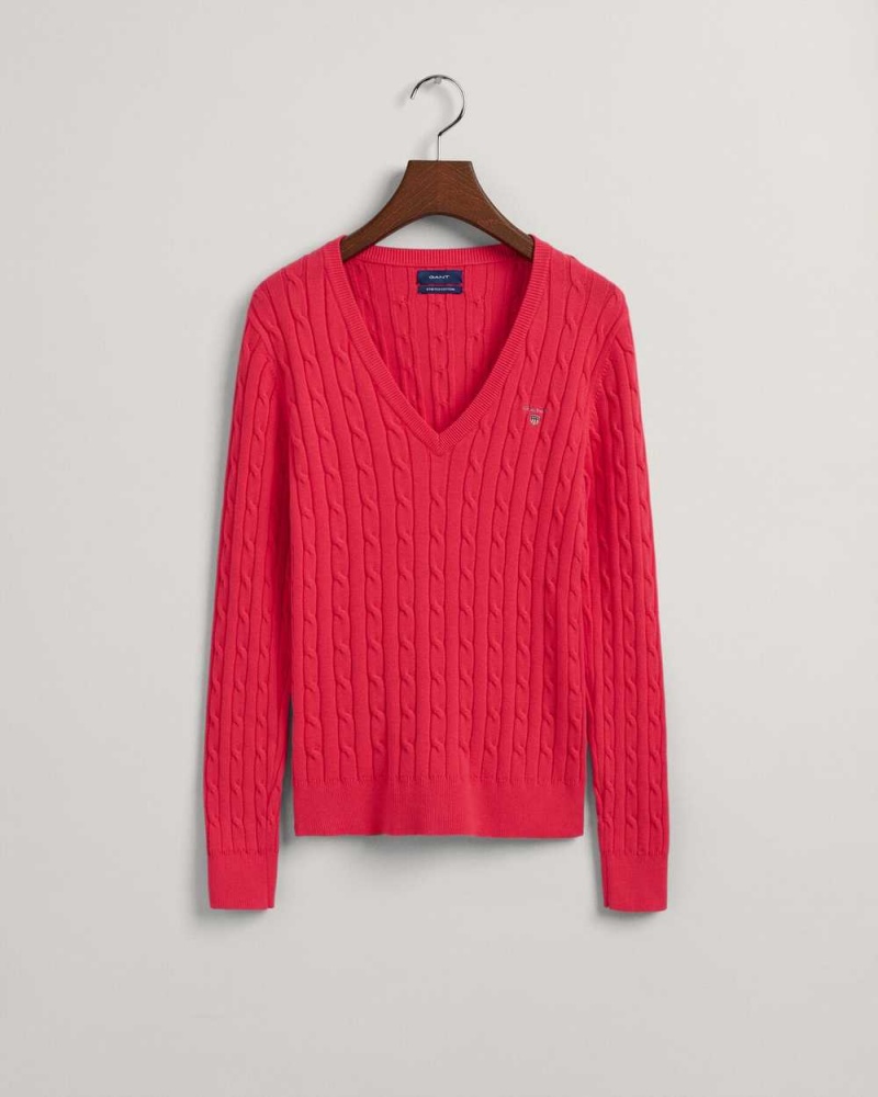 Gant Stretch Cotton Cable Knit V-Neck Women's Sweater Magenta Pink | DXCNV-8214