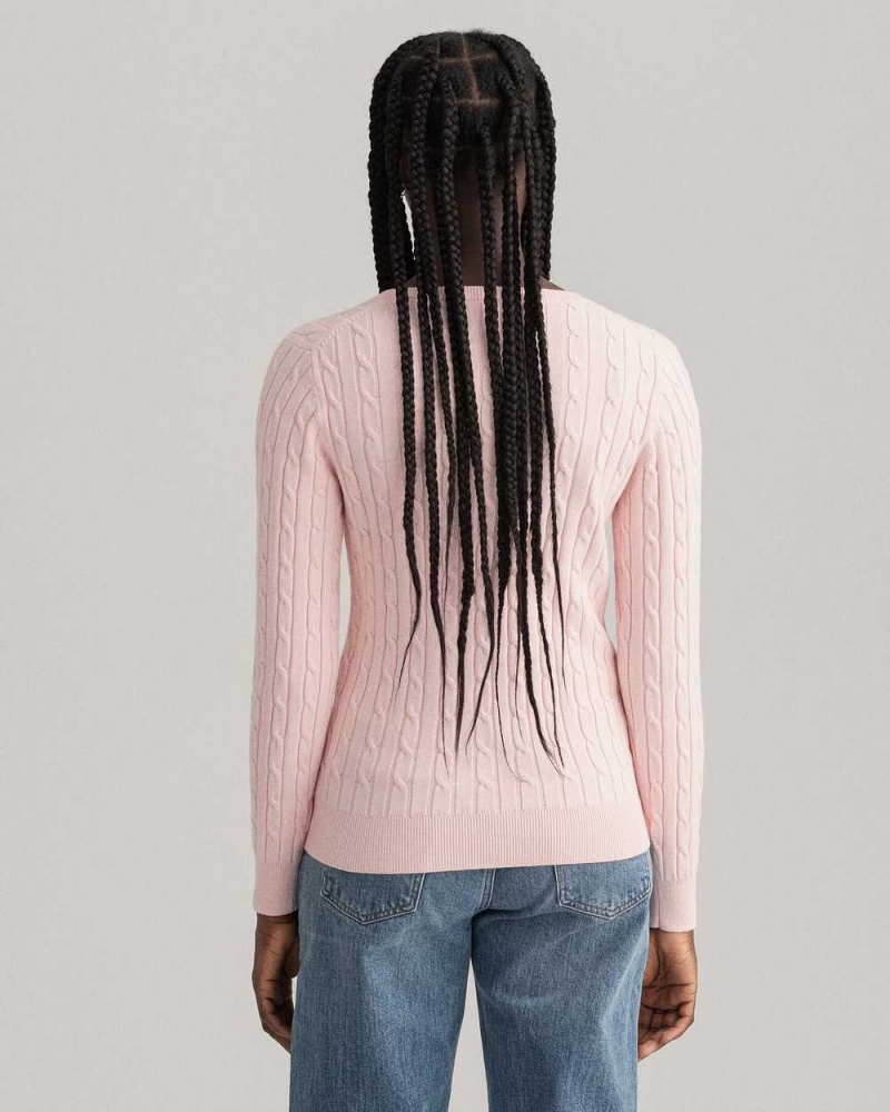 Gant Stretch Cotton Cable V-Neck Women's Sweater Light Pink Melange | QWNRU-3156