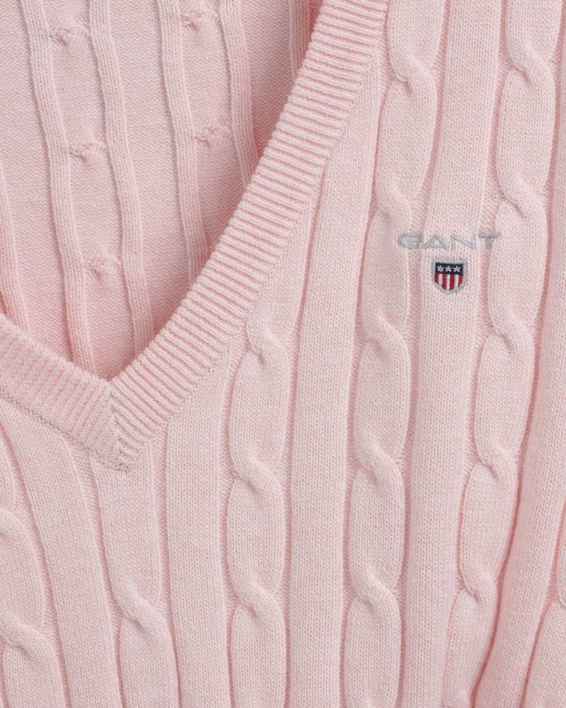 Gant Stretch Cotton Cable V-Neck Women's Sweater Light Pink Melange | QWNRU-3156